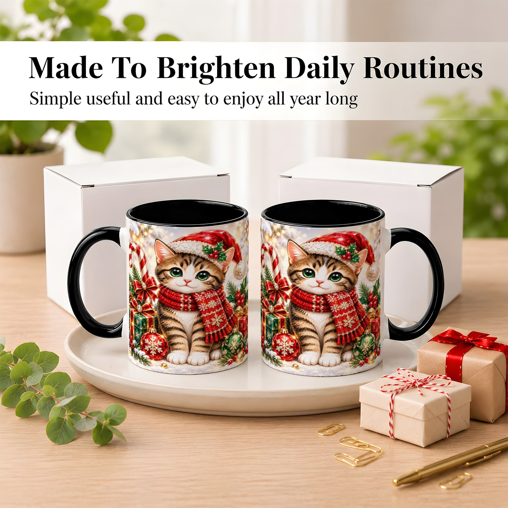 #pl[11oz|Black] Sparkling Christmas Kitten Coffee Mug, Holiday Cat Mug, Ceramic Cup