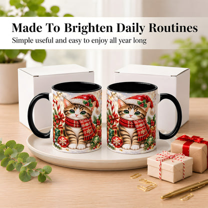 #pl[11oz|Black] Sparkling Christmas Kitten Coffee Mug, Holiday Cat Mug, Ceramic Cup