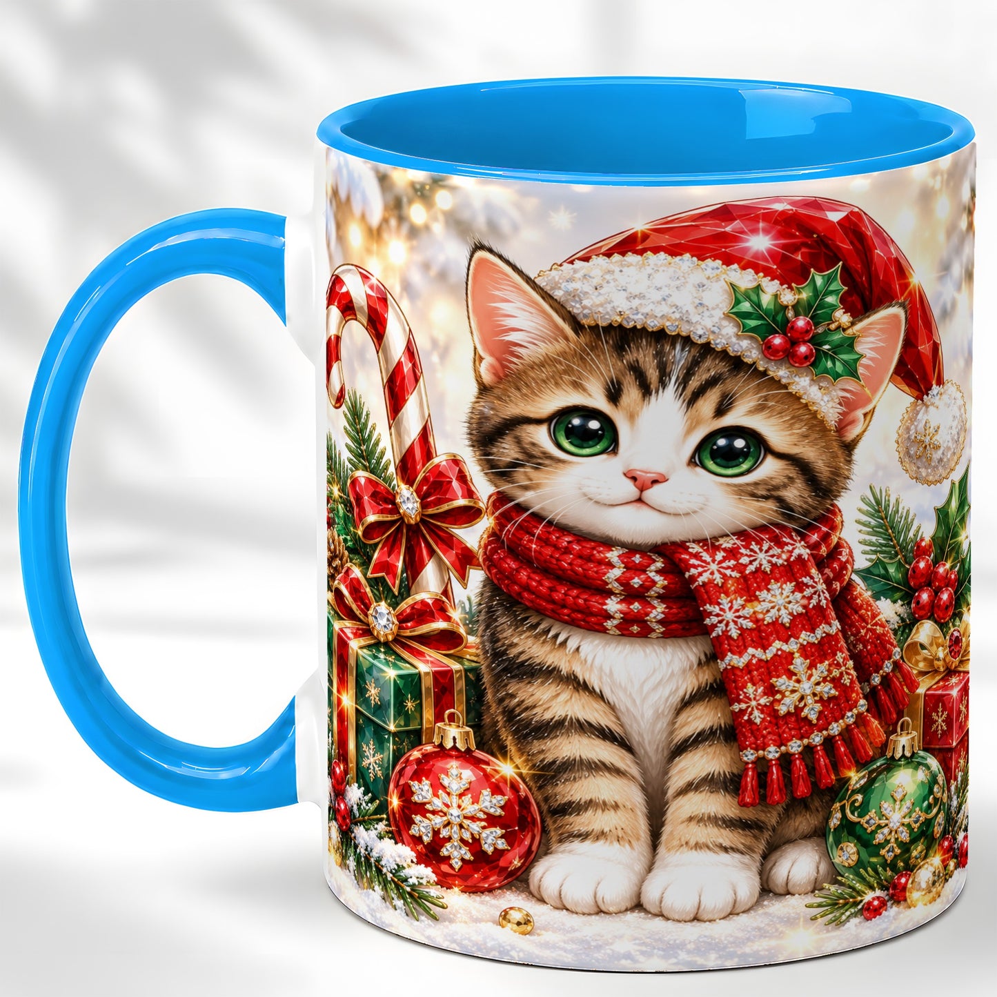 #pl[11oz|Blue] Sparkling Christmas Kitten Coffee Mug, Holiday Cat Mug, Ceramic Cup