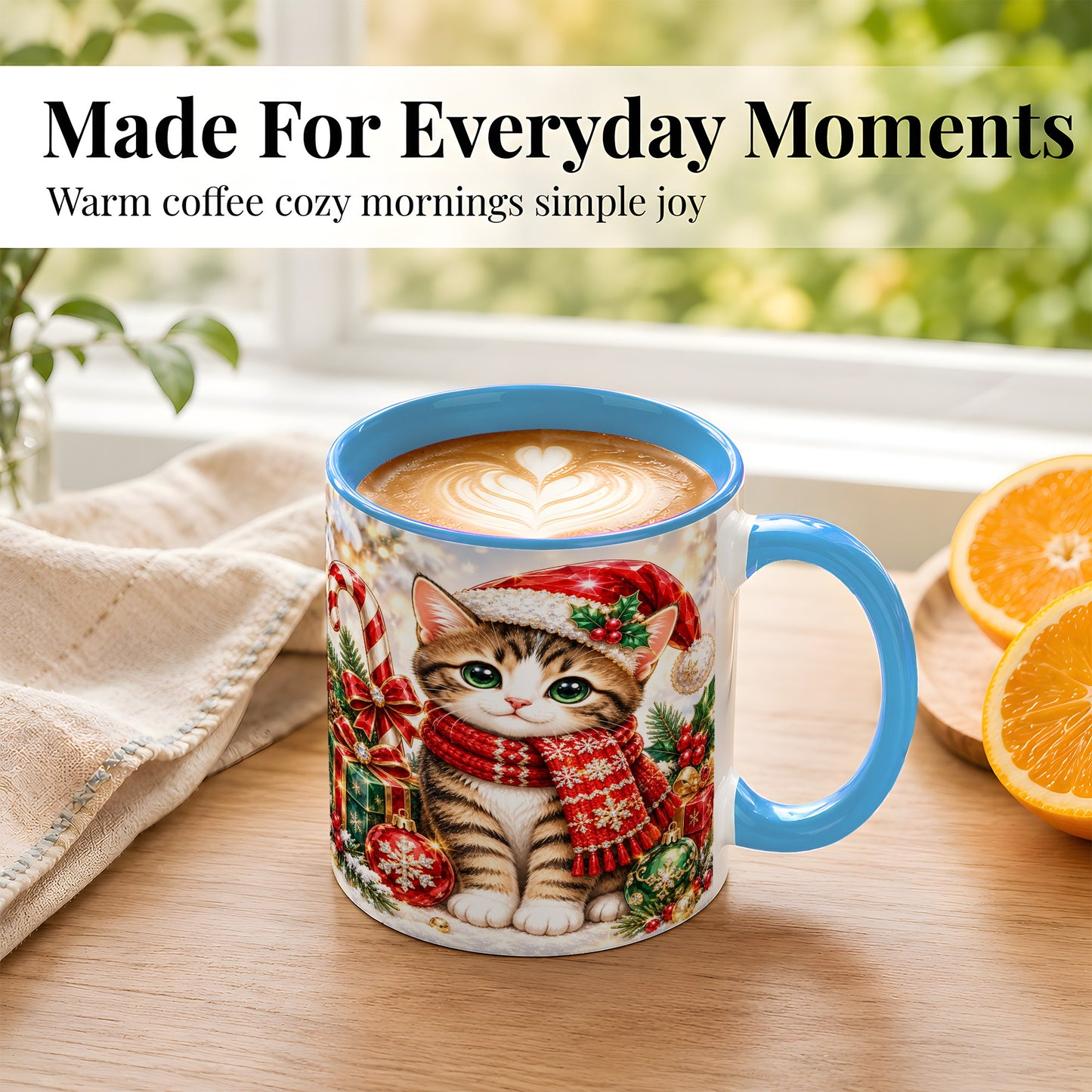 #pl[11oz|Blue] Sparkling Christmas Kitten Coffee Mug, Holiday Cat Mug, Ceramic Cup