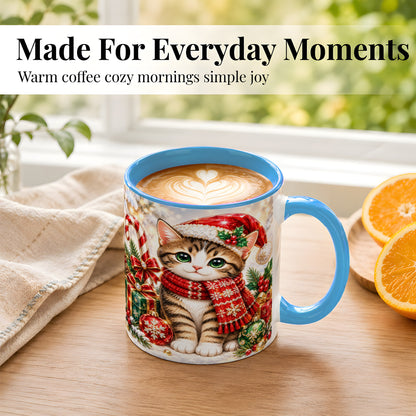 #pl[11oz|Blue] Sparkling Christmas Kitten Coffee Mug, Holiday Cat Mug, Ceramic Cup