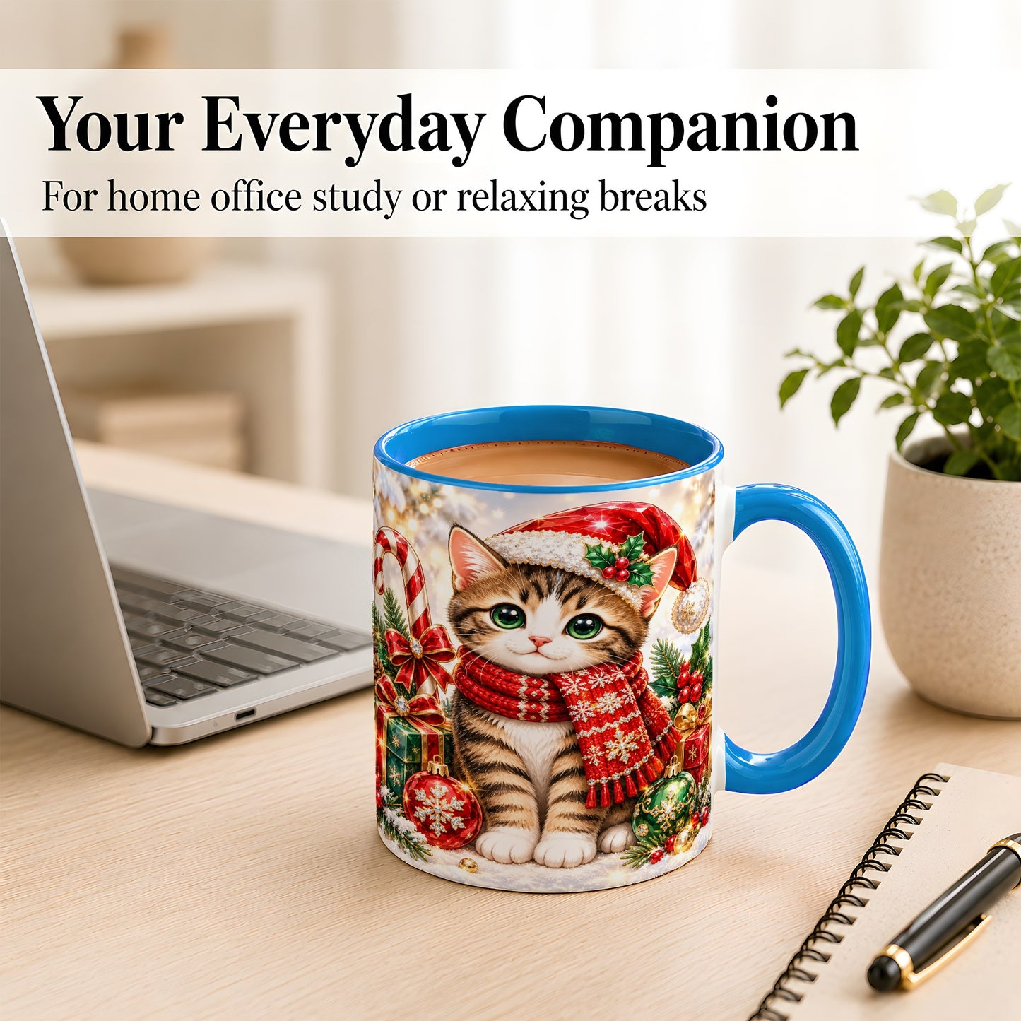 #pl[11oz|Blue] Sparkling Christmas Kitten Coffee Mug, Holiday Cat Mug, Ceramic Cup