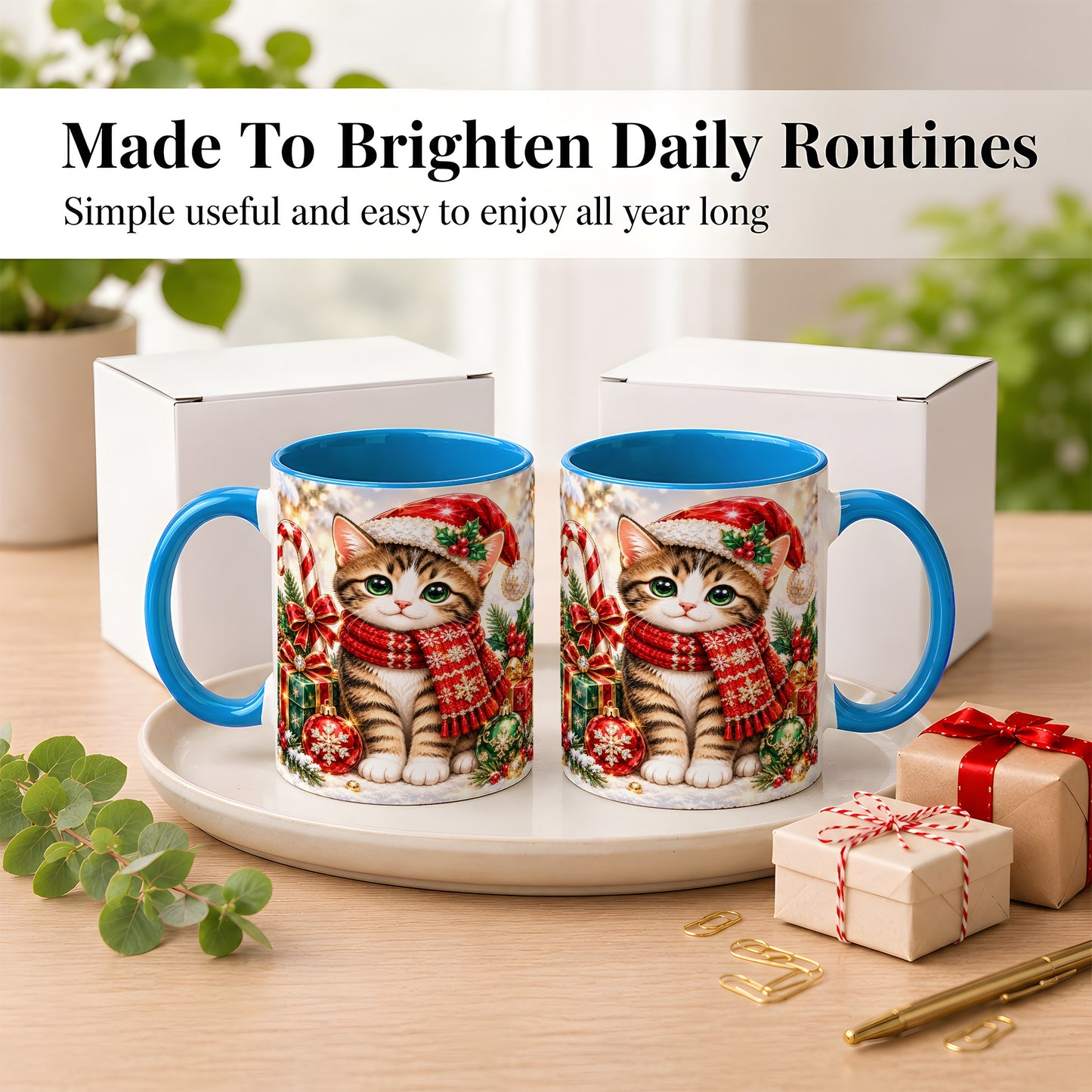 #pl[11oz|Blue] Sparkling Christmas Kitten Coffee Mug, Holiday Cat Mug, Ceramic Cup