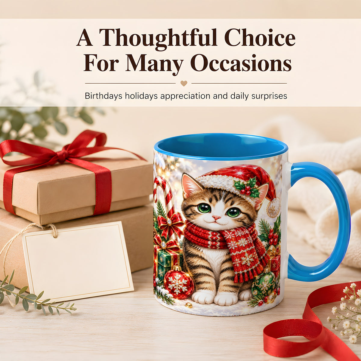 #pl[11oz|Blue] Sparkling Christmas Kitten Coffee Mug, Holiday Cat Mug, Ceramic Cup