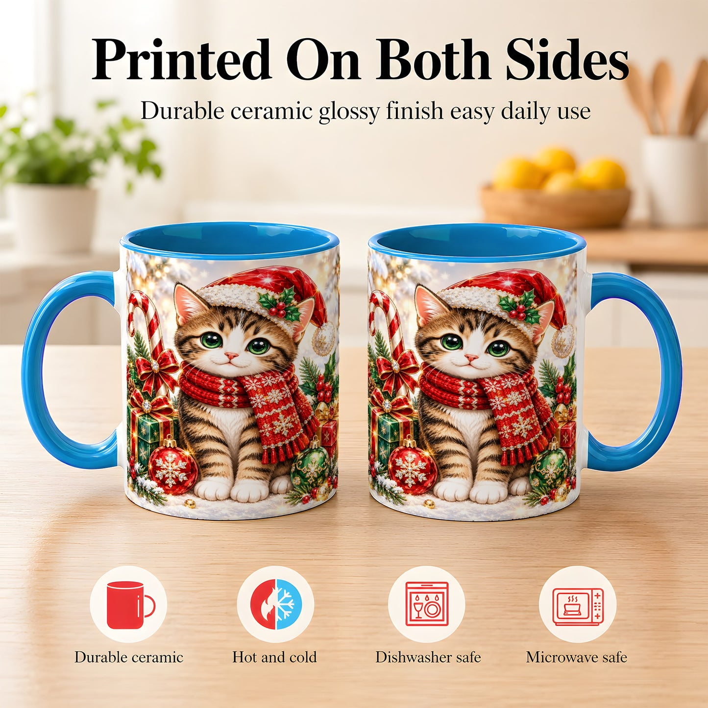 #pl[11oz|Blue] Sparkling Christmas Kitten Coffee Mug, Holiday Cat Mug, Ceramic Cup