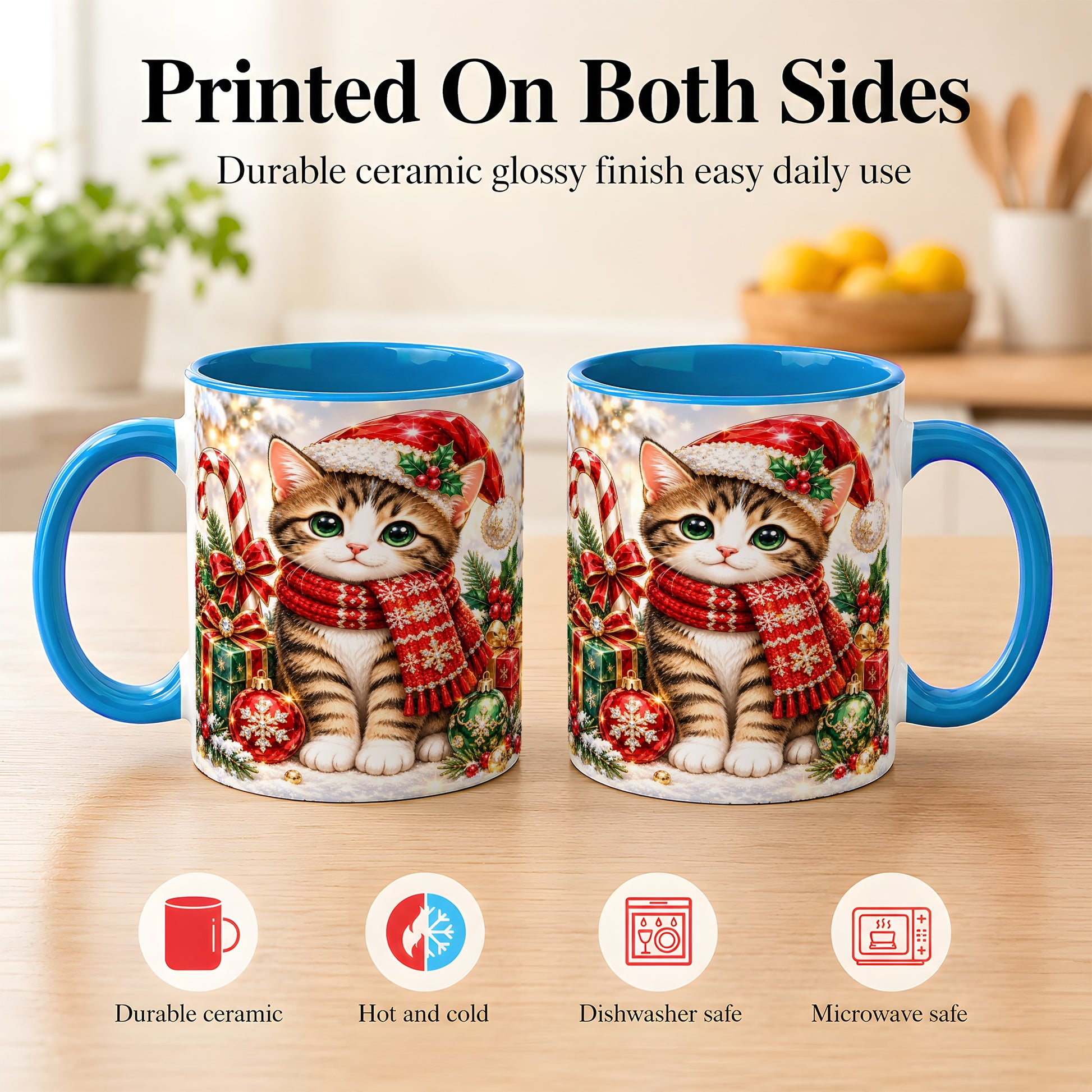 #pl[11oz|Blue] Sparkling Christmas Kitten Coffee Mug, Holiday Cat Mug, Ceramic Cup