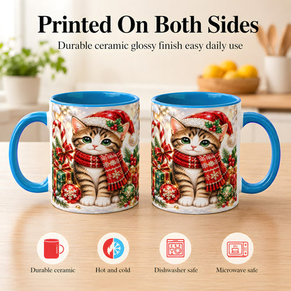 #pl[11oz|Blue] Sparkling Christmas Kitten Coffee Mug, Holiday Cat Mug, Ceramic Cup