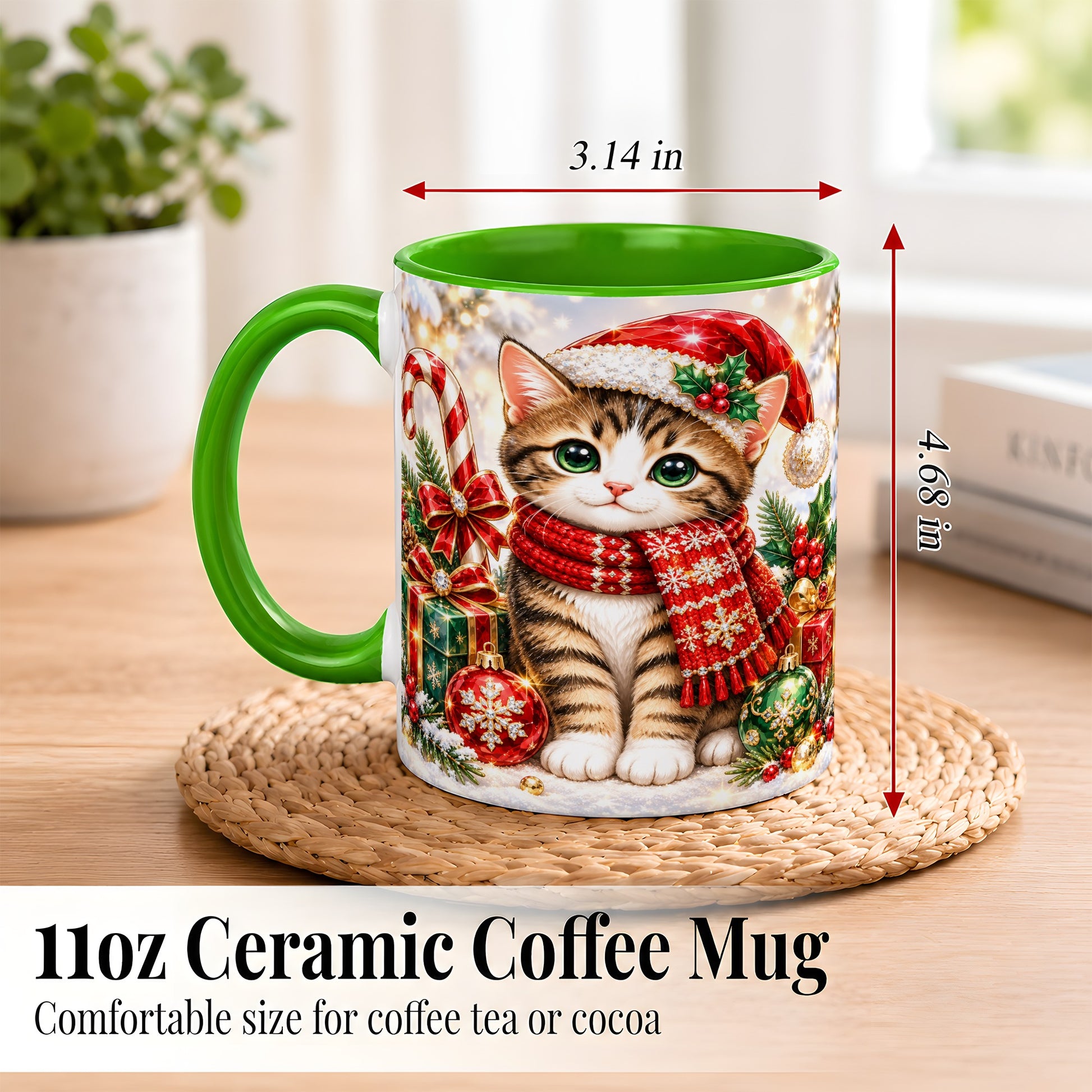 #pl[11oz|Green] Sparkling Christmas Kitten Coffee Mug, Holiday Cat Mug, Ceramic Cup