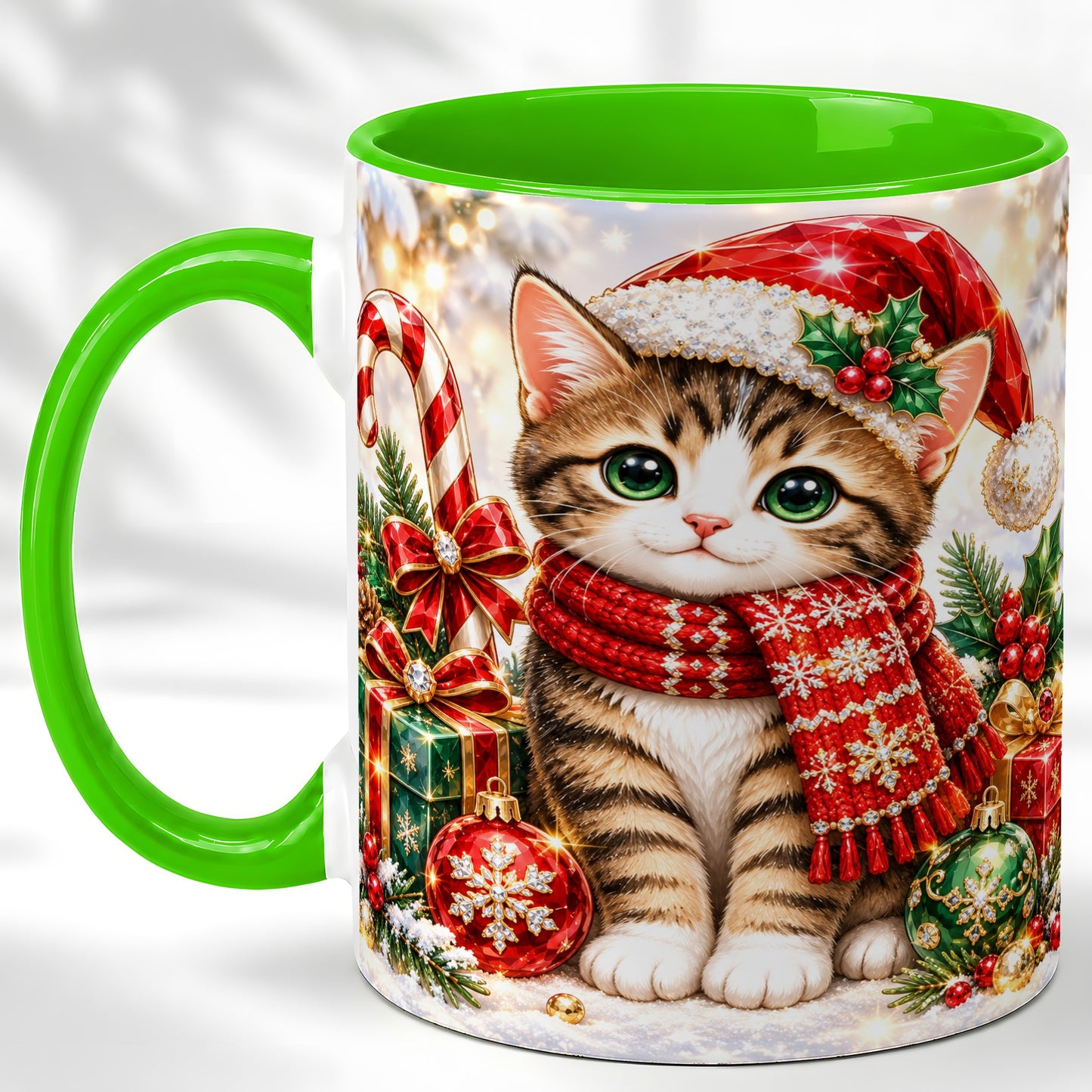 #pl[11oz|Green] Sparkling Christmas Kitten Coffee Mug, Holiday Cat Mug, Ceramic Cup