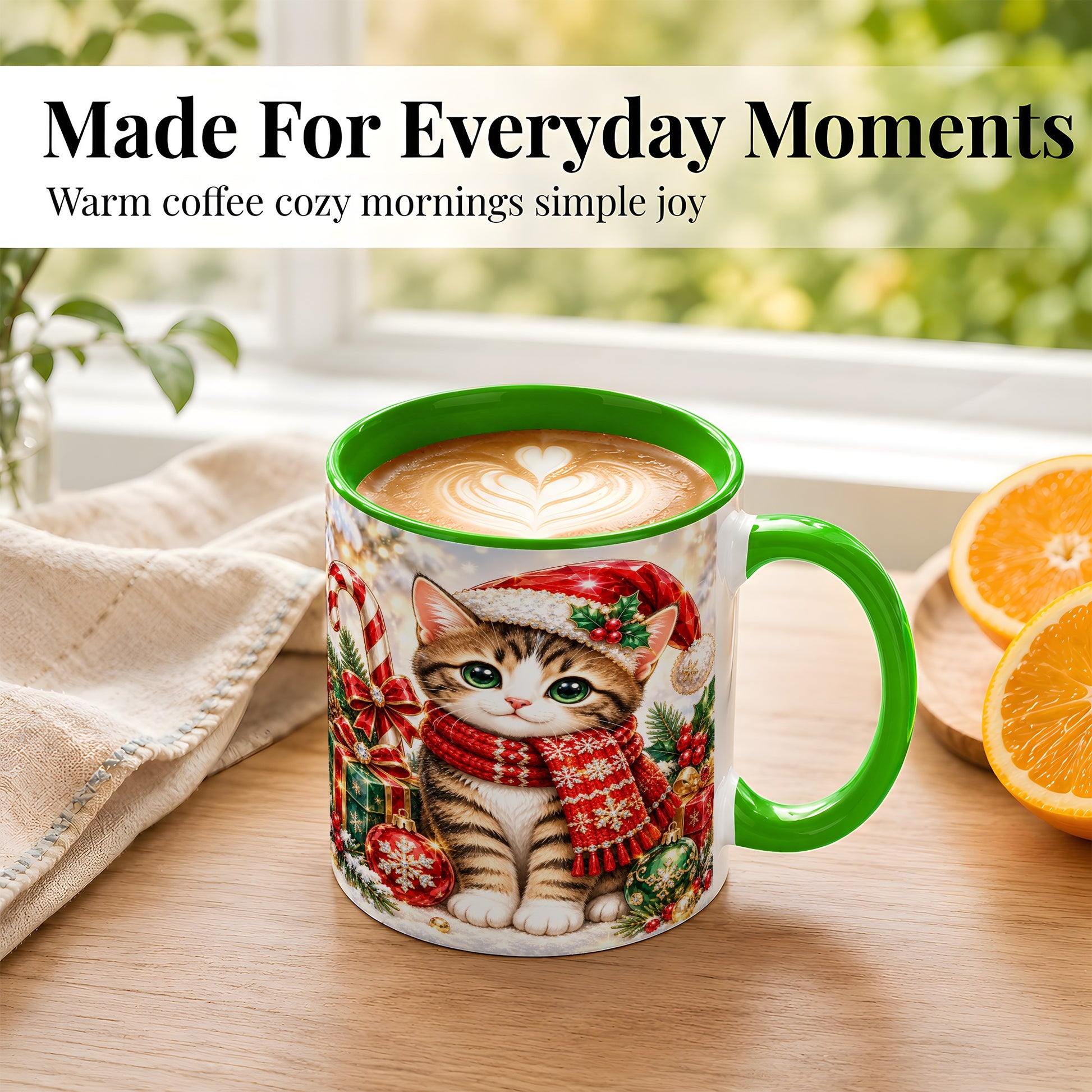 #pl[11oz|Green] Sparkling Christmas Kitten Coffee Mug, Holiday Cat Mug, Ceramic Cup