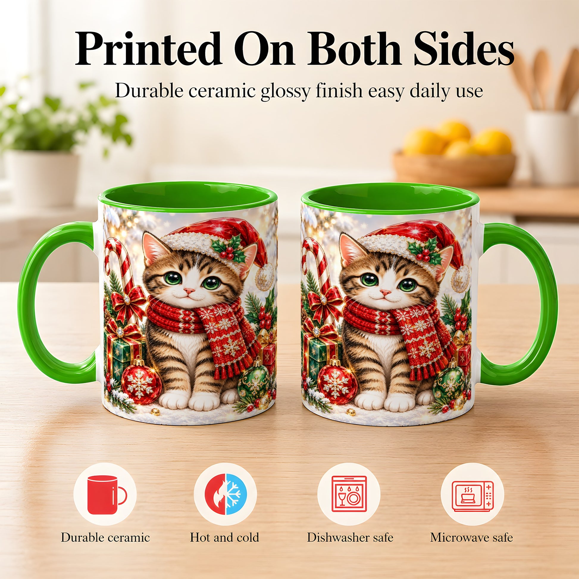 #pl[11oz|Green] Sparkling Christmas Kitten Coffee Mug, Holiday Cat Mug, Ceramic Cup
