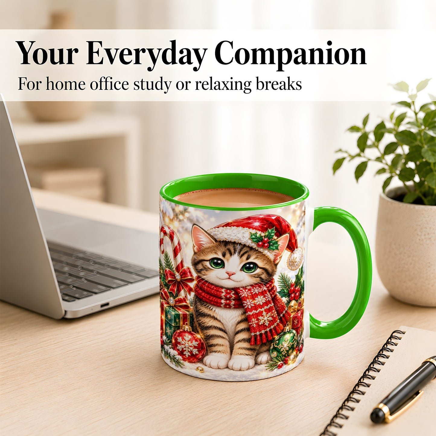 #pl[11oz|Green] Sparkling Christmas Kitten Coffee Mug, Holiday Cat Mug, Ceramic Cup