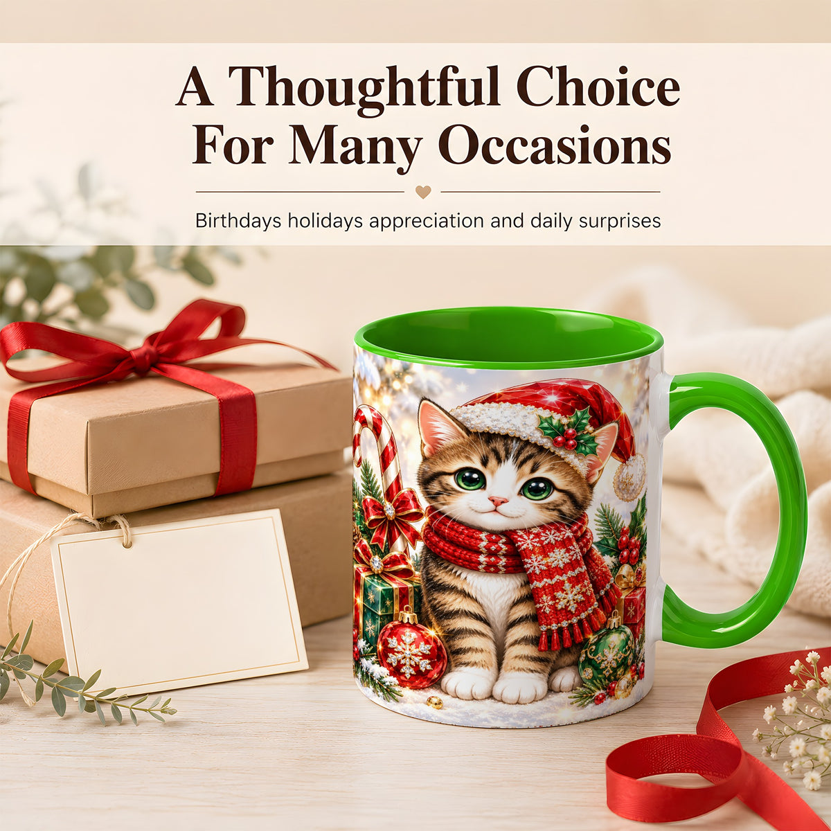 #pl[11oz|Green] Sparkling Christmas Kitten Coffee Mug, Holiday Cat Mug, Ceramic Cup