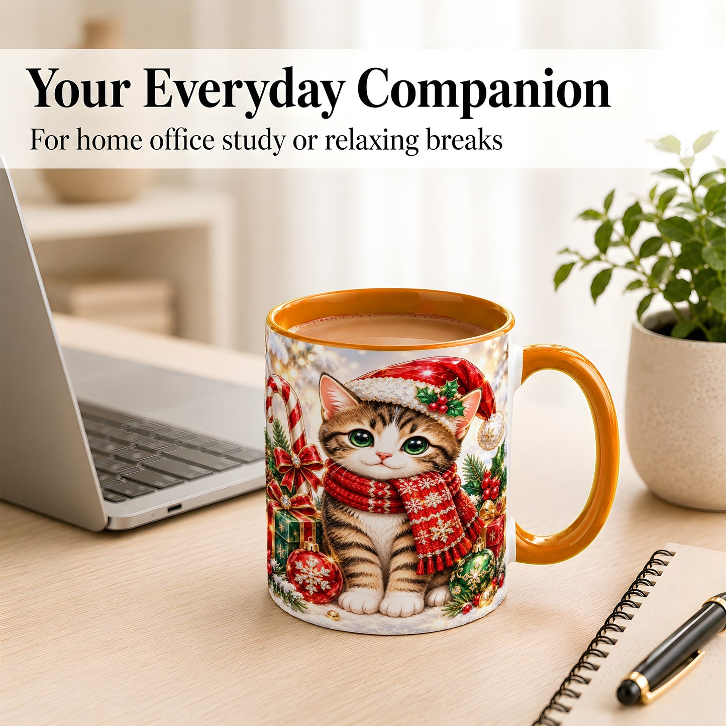 #pl[11oz|Orange] Sparkling Christmas Kitten Coffee Mug, Holiday Cat Mug, Ceramic Cup