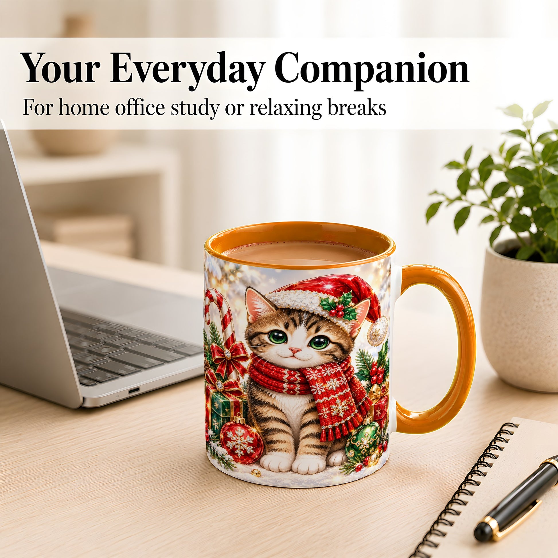 #pl[11oz|Orange] Sparkling Christmas Kitten Coffee Mug, Holiday Cat Mug, Ceramic Cup