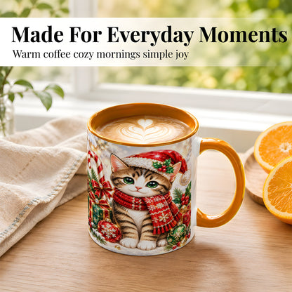 #pl[11oz|Orange] Sparkling Christmas Kitten Coffee Mug, Holiday Cat Mug, Ceramic Cup