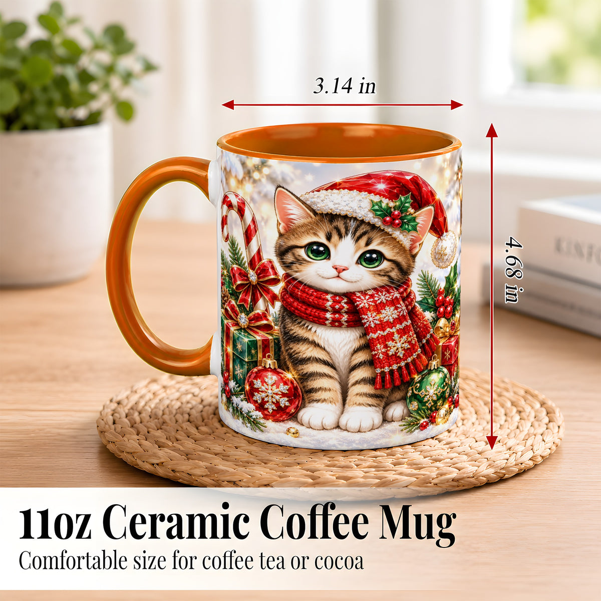 #pl[11oz|Orange] Sparkling Christmas Kitten Coffee Mug, Holiday Cat Mug, Ceramic Cup