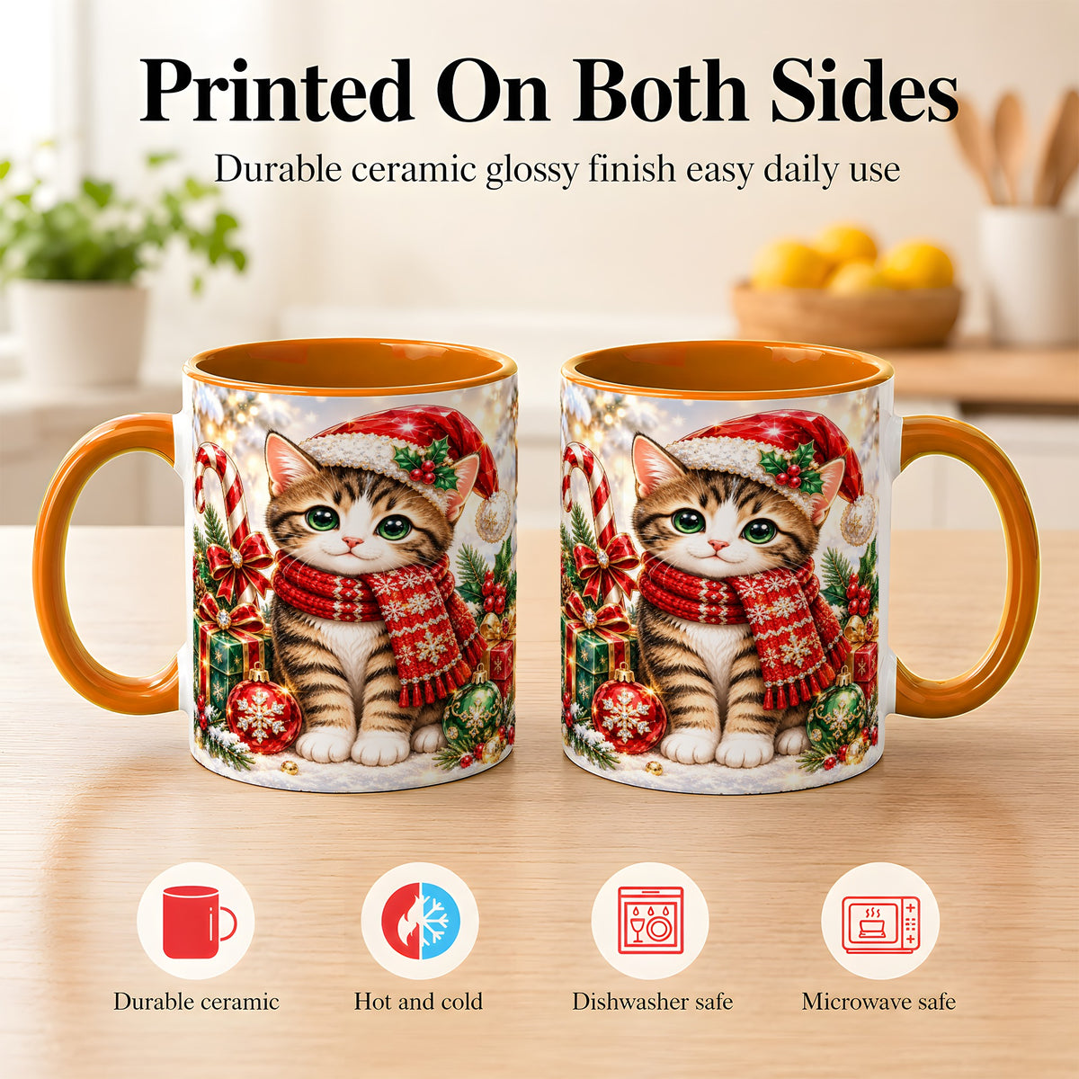 #pl[11oz|Orange] Sparkling Christmas Kitten Coffee Mug, Holiday Cat Mug, Ceramic Cup