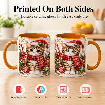 #pl[11oz|Orange] Sparkling Christmas Kitten Coffee Mug, Holiday Cat Mug, Ceramic Cup