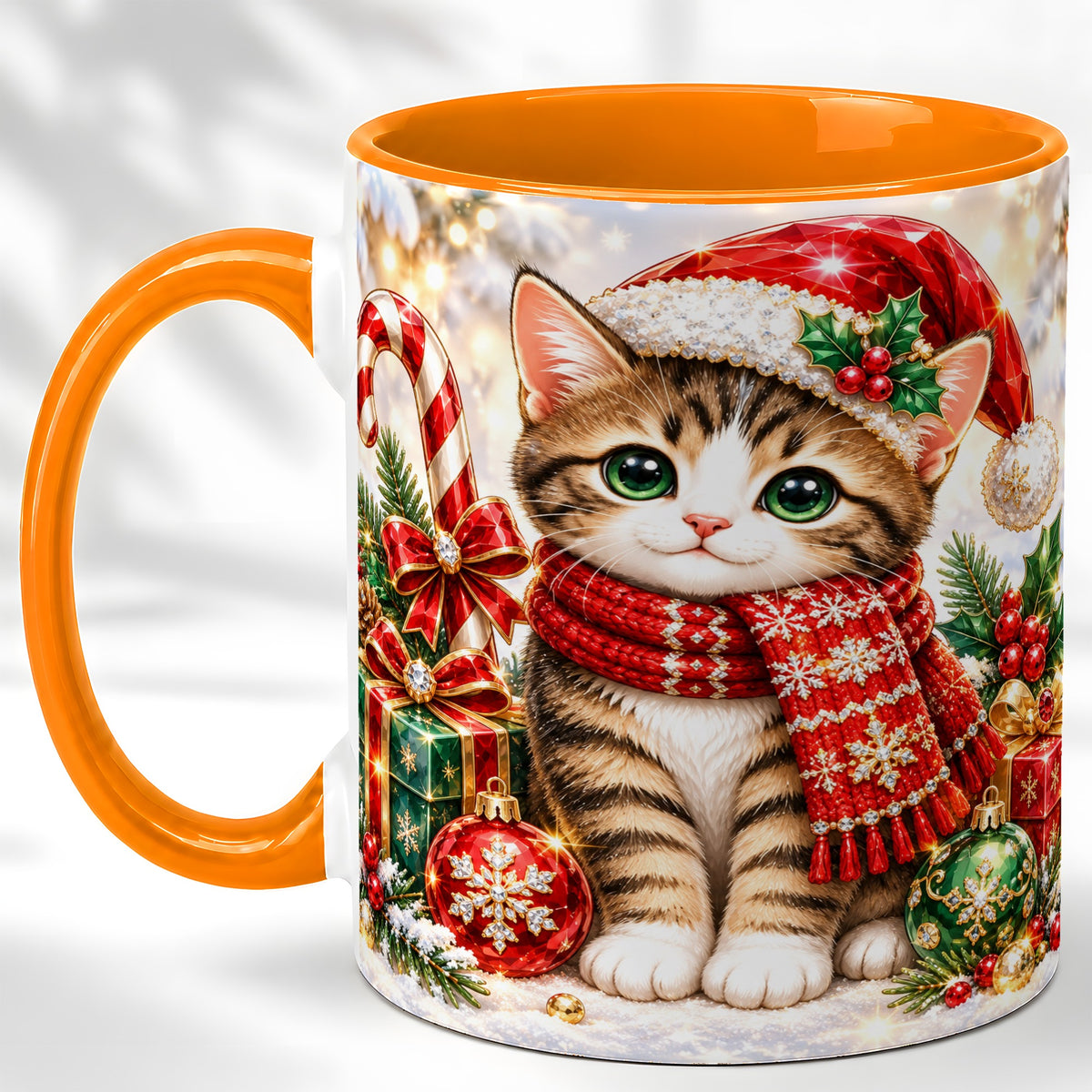 #pl[11oz|Orange] Sparkling Christmas Kitten Coffee Mug, Holiday Cat Mug, Ceramic Cup