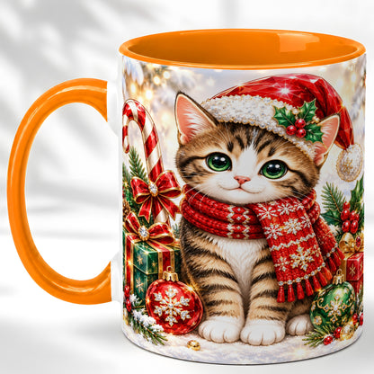 #pl[11oz|Orange] Sparkling Christmas Kitten Coffee Mug, Holiday Cat Mug, Ceramic Cup