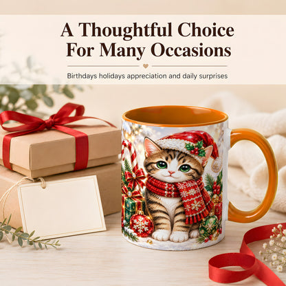 #pl[11oz|Orange] Sparkling Christmas Kitten Coffee Mug, Holiday Cat Mug, Ceramic Cup