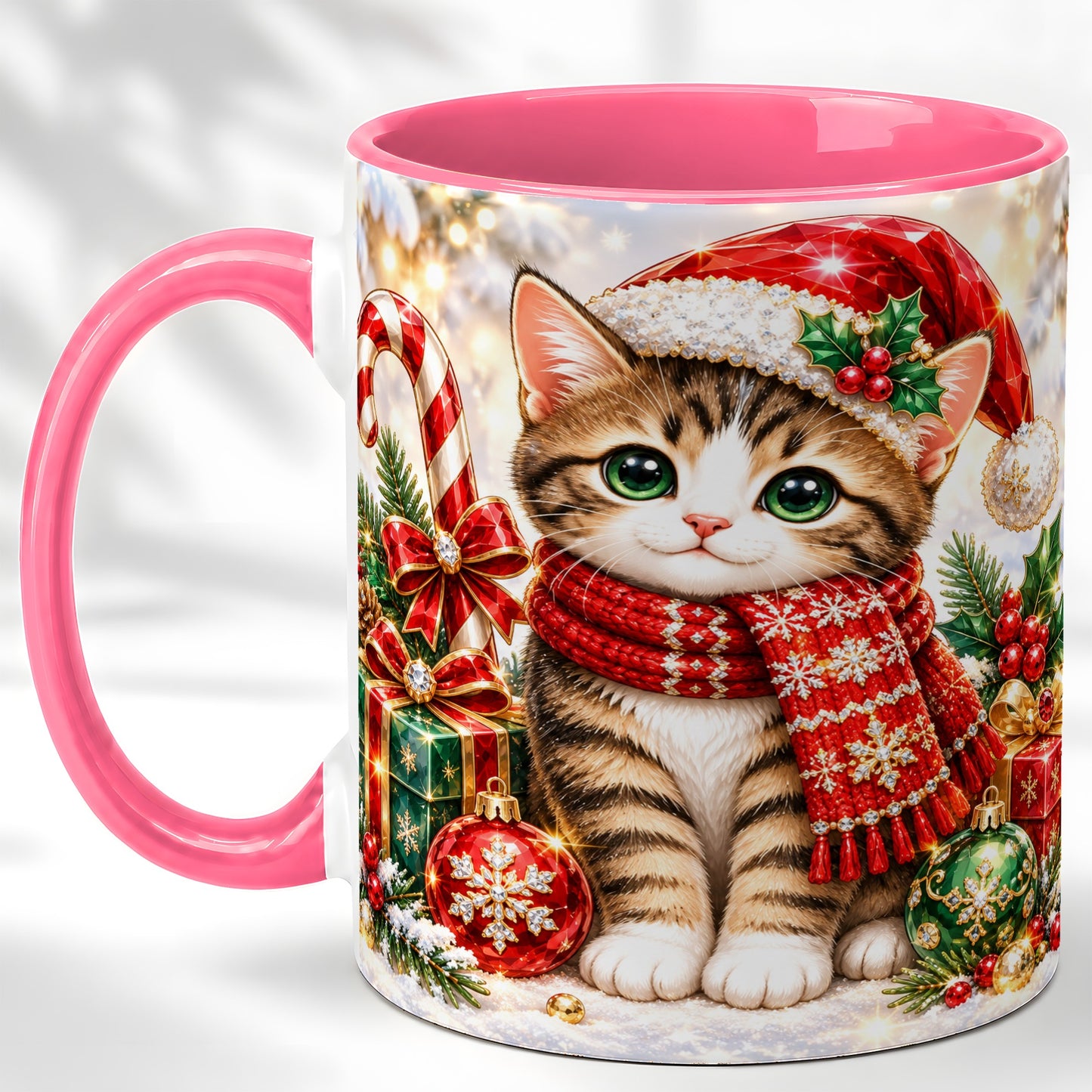 #pl[11oz|Pink] Sparkling Christmas Kitten Coffee Mug, Holiday Cat Mug, Ceramic Cup