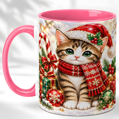 #pl[11oz|Pink] Sparkling Christmas Kitten Coffee Mug, Holiday Cat Mug, Ceramic Cup