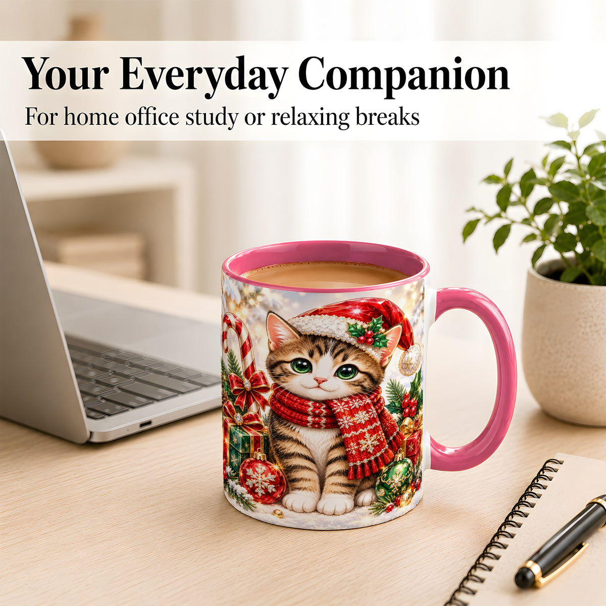 #pl[11oz|Pink] Sparkling Christmas Kitten Coffee Mug, Holiday Cat Mug, Ceramic Cup