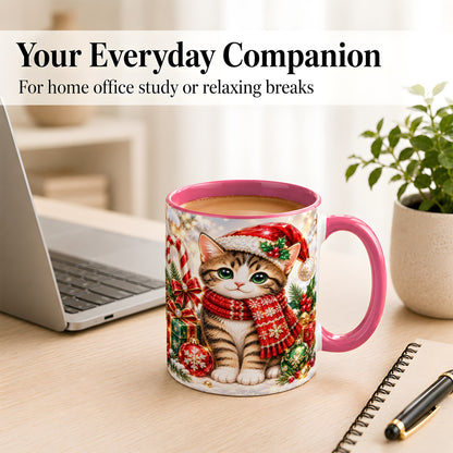 #pl[11oz|Pink] Sparkling Christmas Kitten Coffee Mug, Holiday Cat Mug, Ceramic Cup