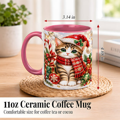 #pl[11oz|Pink] Sparkling Christmas Kitten Coffee Mug, Holiday Cat Mug, Ceramic Cup