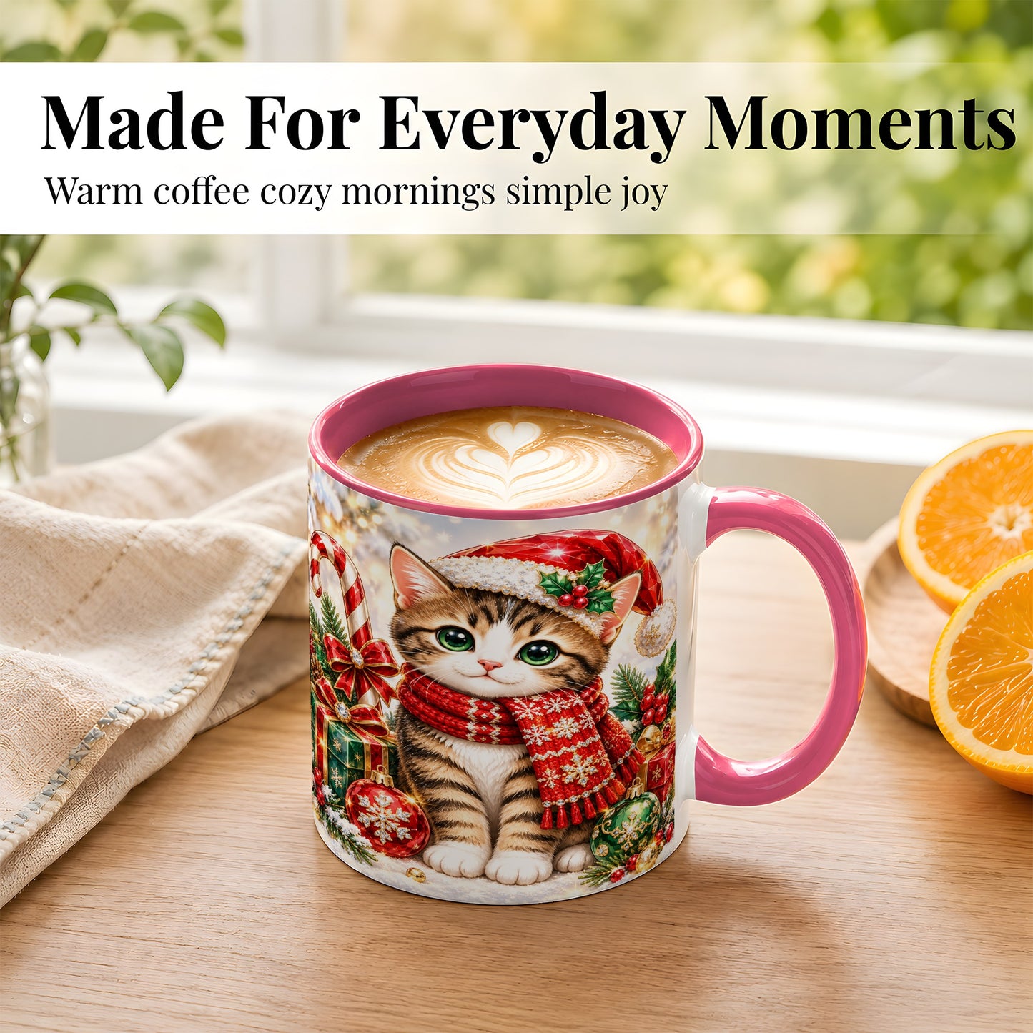#pl[11oz|Pink] Sparkling Christmas Kitten Coffee Mug, Holiday Cat Mug, Ceramic Cup