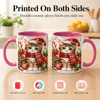 #pl[11oz|Pink] Sparkling Christmas Kitten Coffee Mug, Holiday Cat Mug, Ceramic Cup