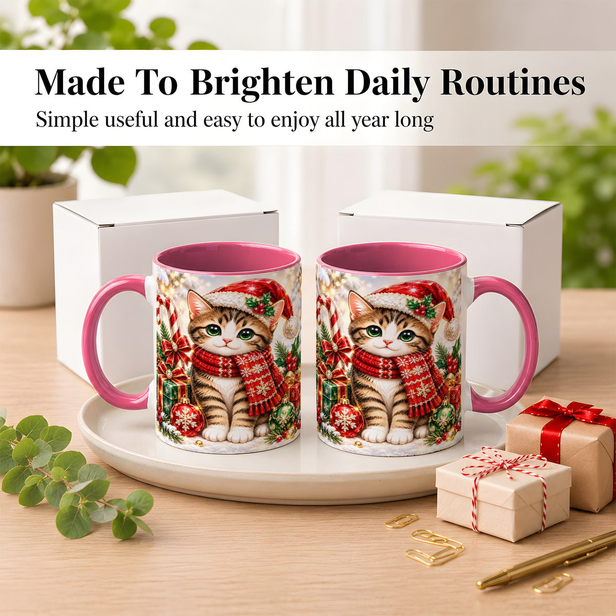 #pl[11oz|Pink] Sparkling Christmas Kitten Coffee Mug, Holiday Cat Mug, Ceramic Cup