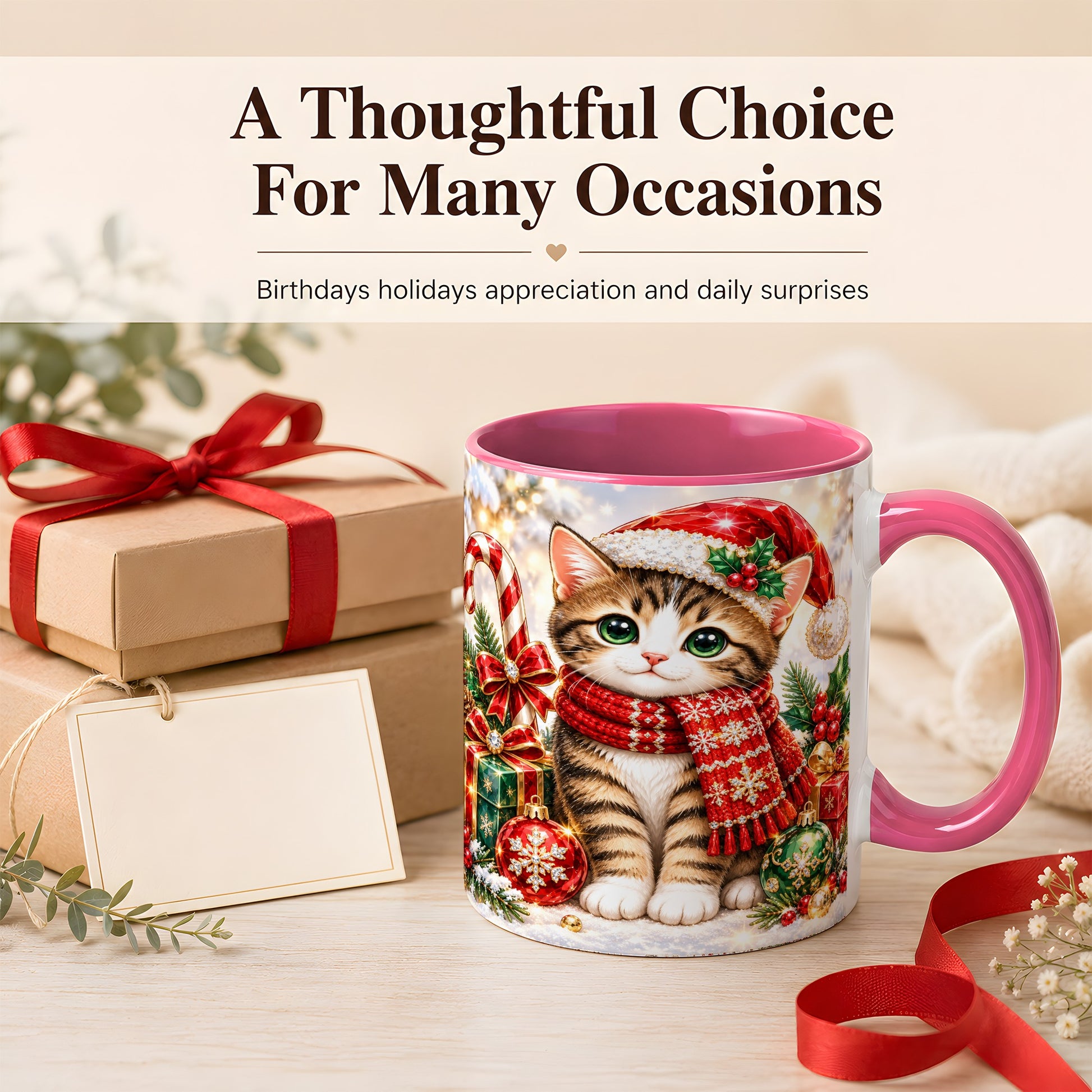 #pl[11oz|Pink] Sparkling Christmas Kitten Coffee Mug, Holiday Cat Mug, Ceramic Cup