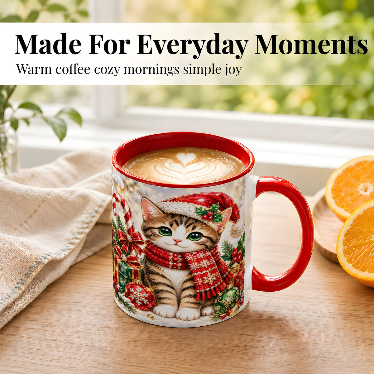 #pl[11oz|Red] Sparkling Christmas Kitten Coffee Mug, Holiday Cat Mug, Ceramic Cup