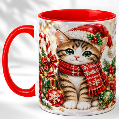 Sparkling Christmas Kitten Coffee Mug, Holiday Cat Mug, Ceramic Cup