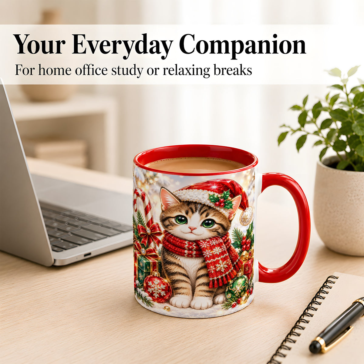 #pl[11oz|Red] Sparkling Christmas Kitten Coffee Mug, Holiday Cat Mug, Ceramic Cup