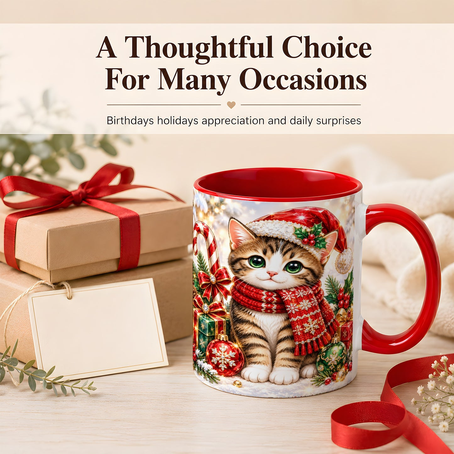 #pl[11oz|Red] Sparkling Christmas Kitten Coffee Mug, Holiday Cat Mug, Ceramic Cup