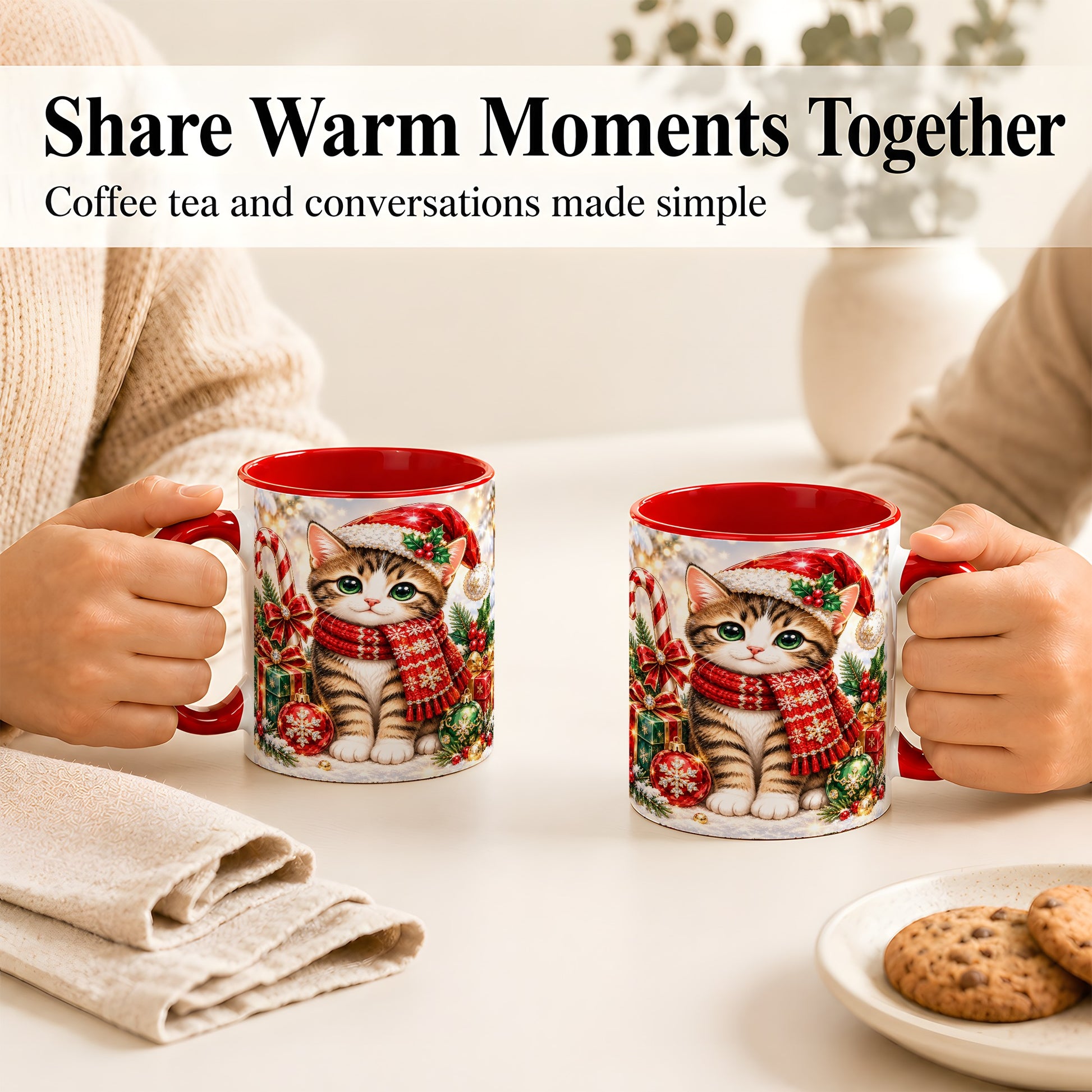 #pl[11oz|Red] Sparkling Christmas Kitten Coffee Mug, Holiday Cat Mug, Ceramic Cup