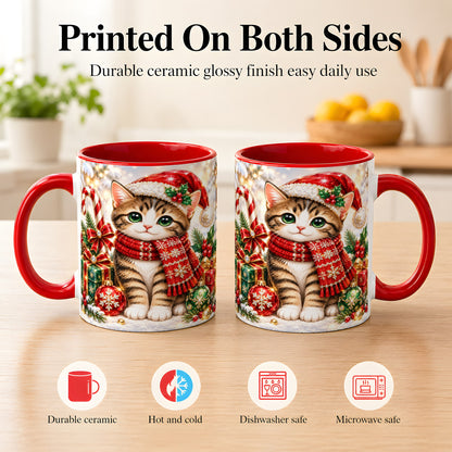 #pl[11oz|Red] Sparkling Christmas Kitten Coffee Mug, Holiday Cat Mug, Ceramic Cup