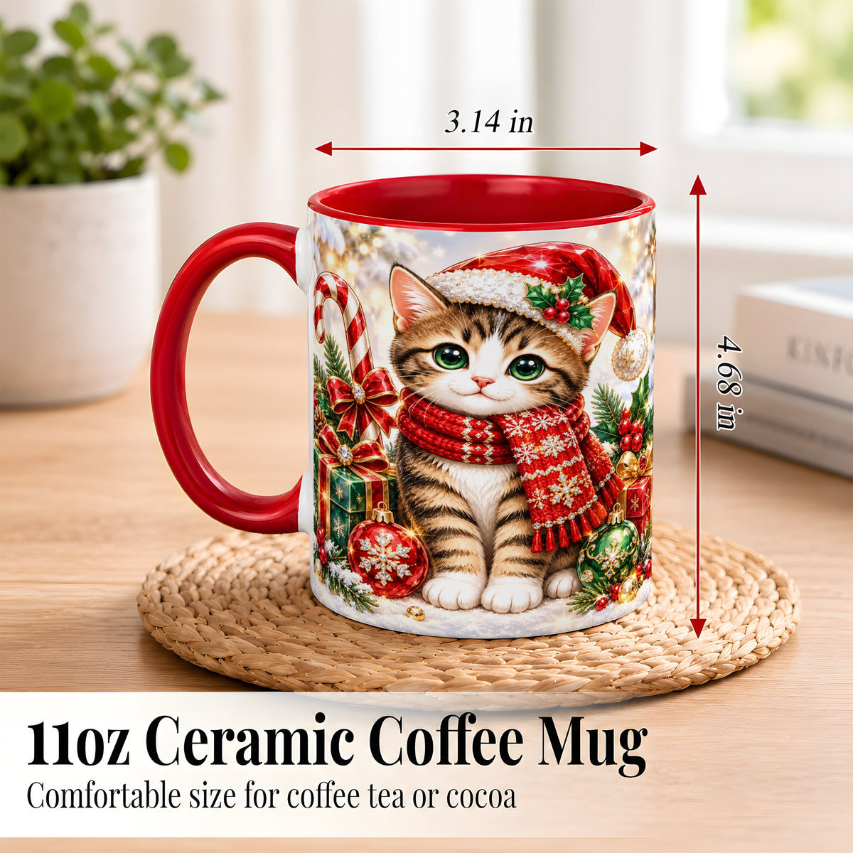 #pl[11oz|Red] Sparkling Christmas Kitten Coffee Mug, Holiday Cat Mug, Ceramic Cup