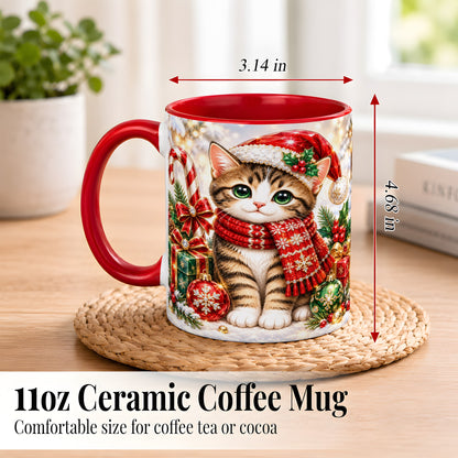 #pl[11oz|Red] Sparkling Christmas Kitten Coffee Mug, Holiday Cat Mug, Ceramic Cup