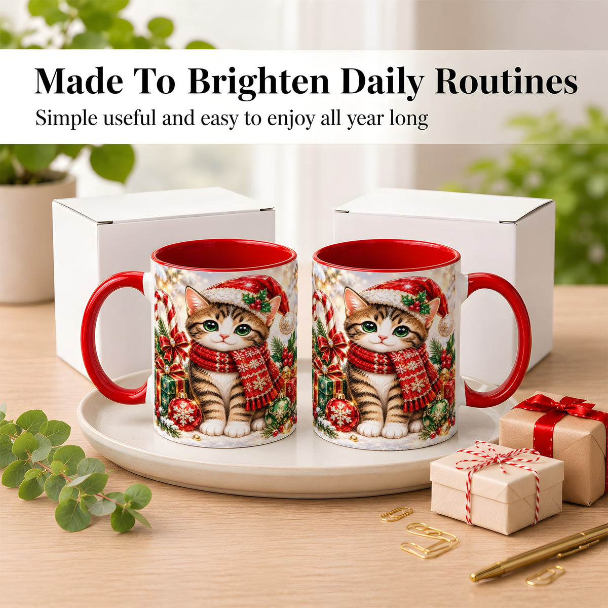 #pl[11oz|Red] Sparkling Christmas Kitten Coffee Mug, Holiday Cat Mug, Ceramic Cup