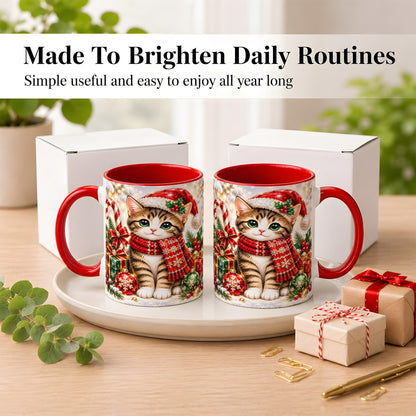 #pl[11oz|Red] Sparkling Christmas Kitten Coffee Mug, Holiday Cat Mug, Ceramic Cup