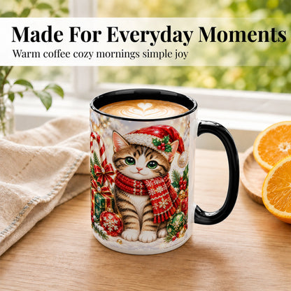#pl[15oz|Black] Sparkling Christmas Kitten Coffee Mug, Holiday Cat Mug, Ceramic Cup