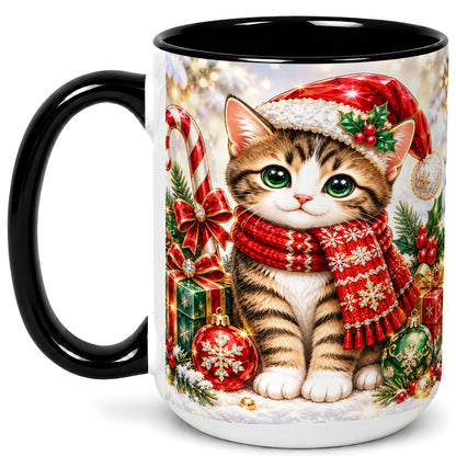 #pl[15oz|Black] Sparkling Christmas Kitten Coffee Mug, Holiday Cat Mug, Ceramic Cup