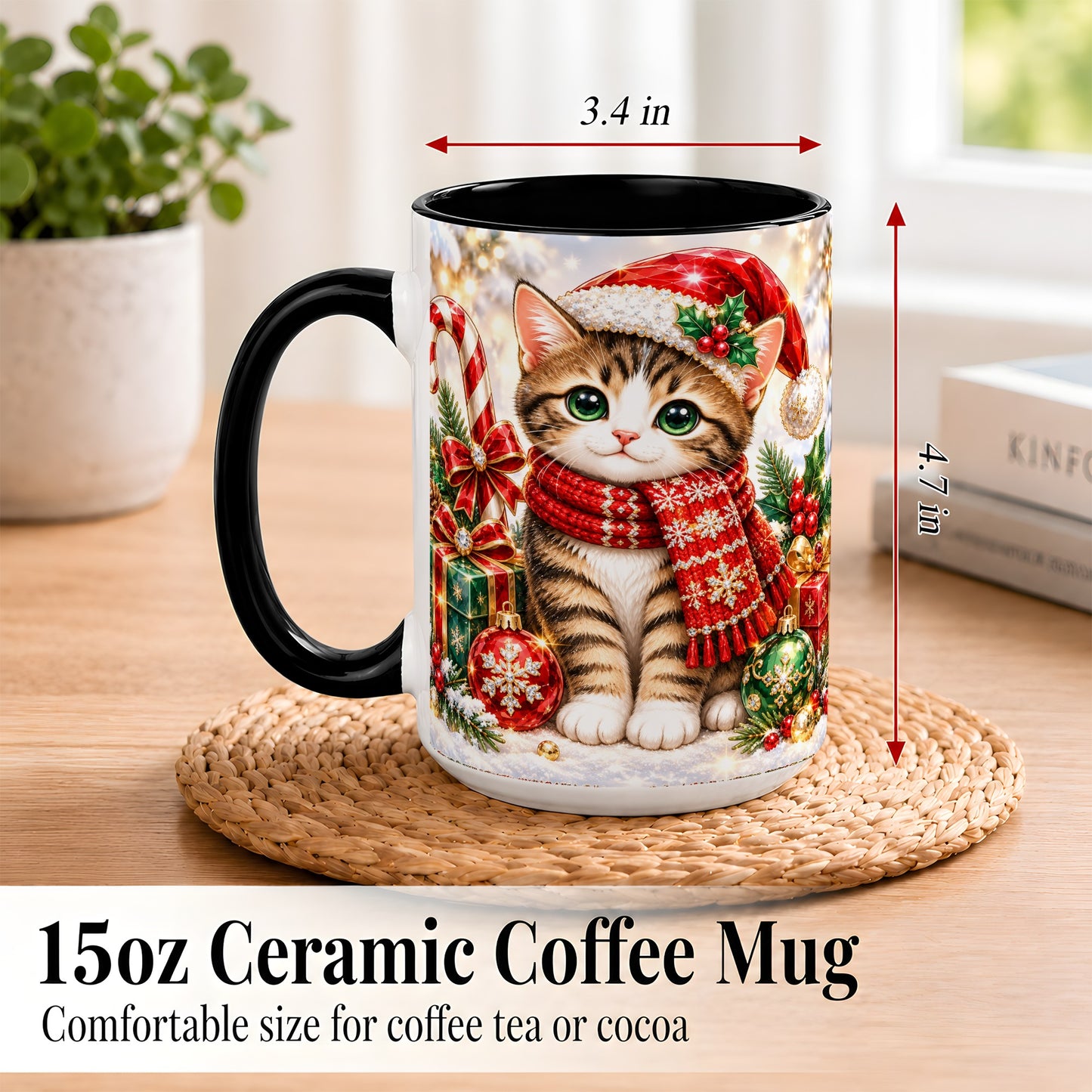 #pl[15oz|Black] Sparkling Christmas Kitten Coffee Mug, Holiday Cat Mug, Ceramic Cup