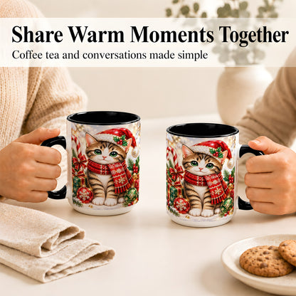 #pl[15oz|Black] Sparkling Christmas Kitten Coffee Mug, Holiday Cat Mug, Ceramic Cup