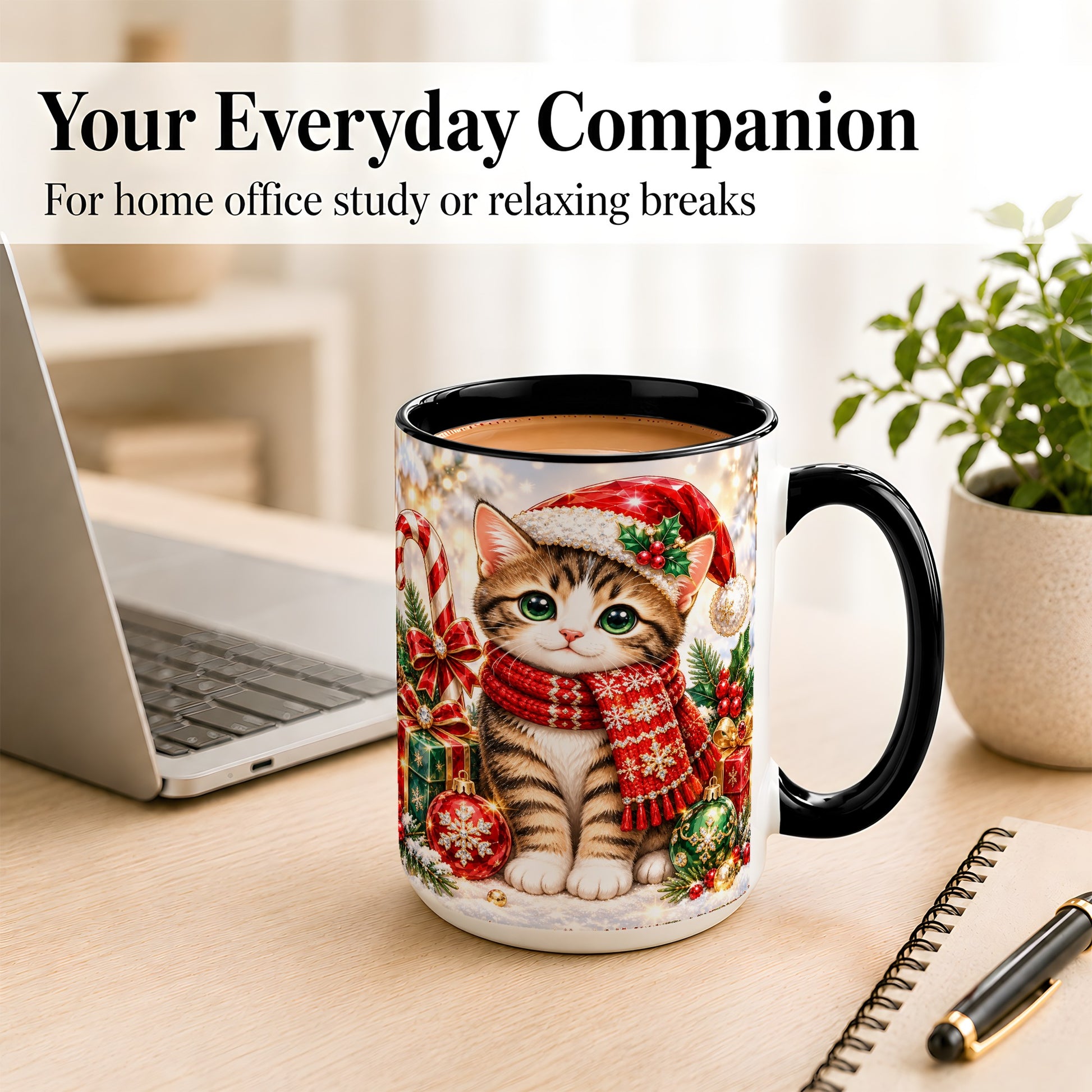#pl[15oz|Black] Sparkling Christmas Kitten Coffee Mug, Holiday Cat Mug, Ceramic Cup